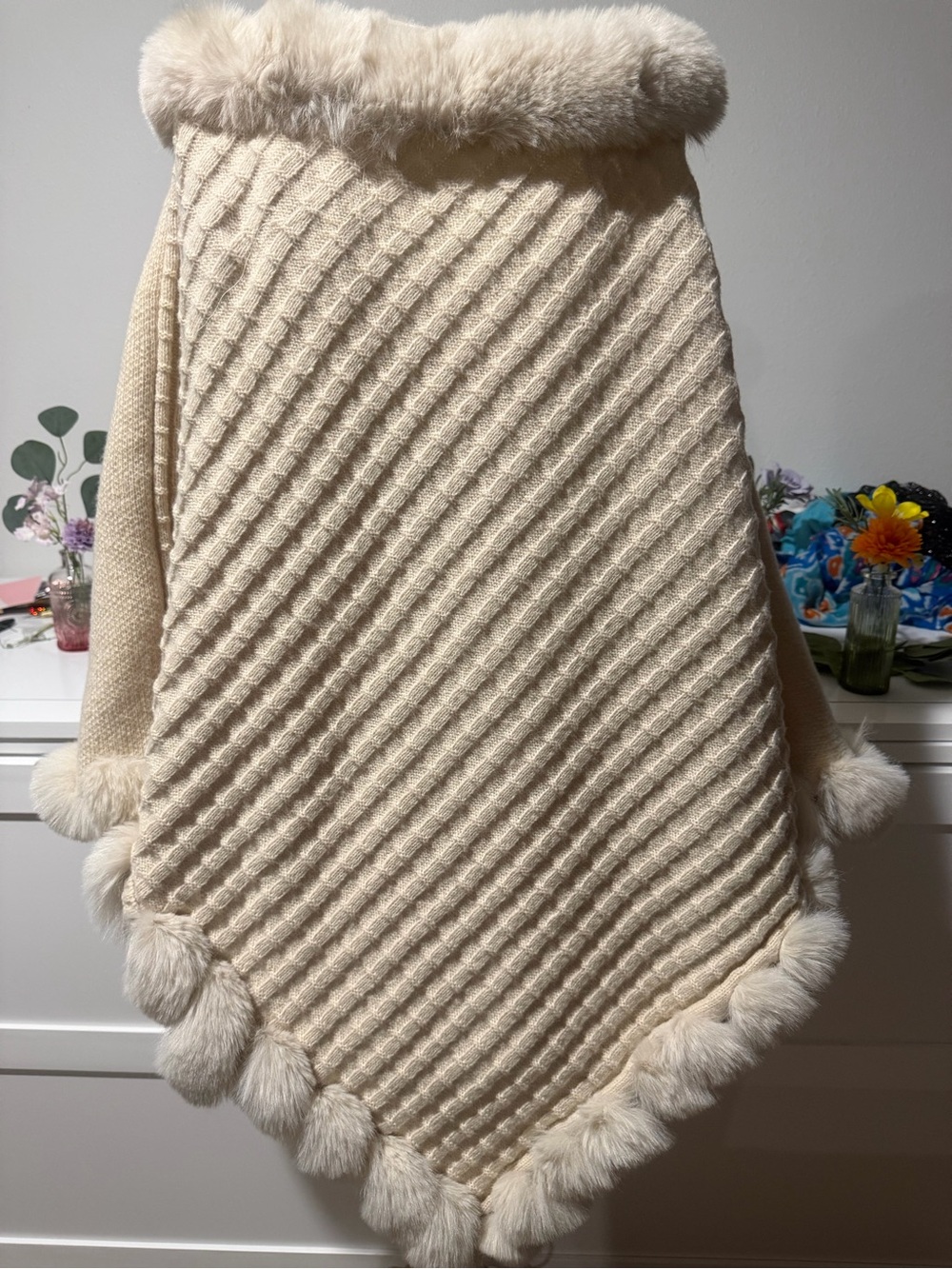 SHEIN Cream Faux Fur-Trim Knit Poncho with Pom Pom Fringe